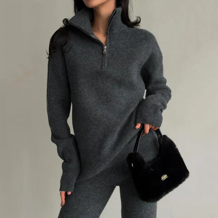 Street-wave Knit Two-Piece Zippered Sweater And High-Waisted Pants Set For Women Cozy Soft Everyday Loungewear