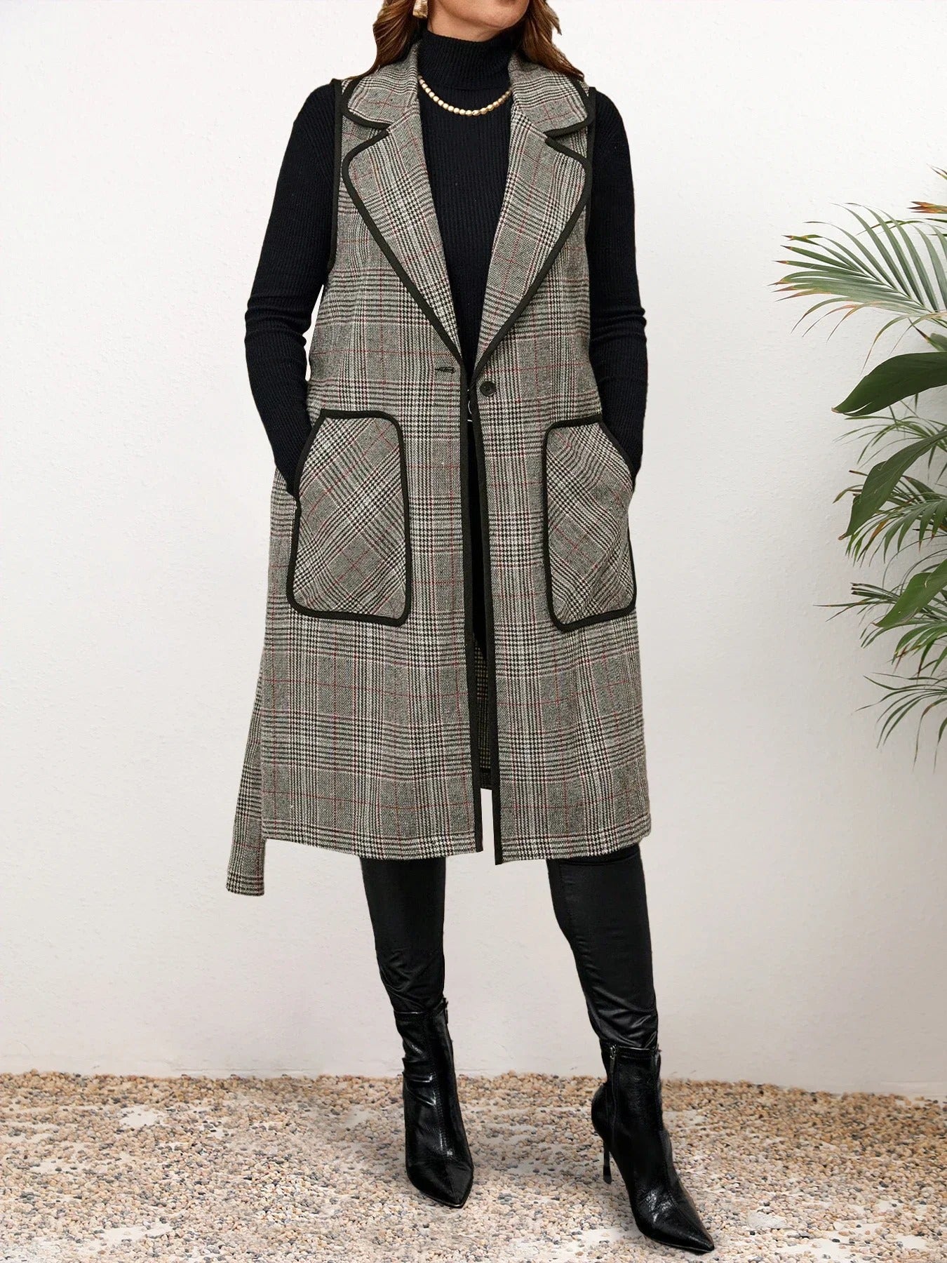 Street Wave Plaid Belted Sleeveless Vest For Women Elegant Karodesign With Large Pockets