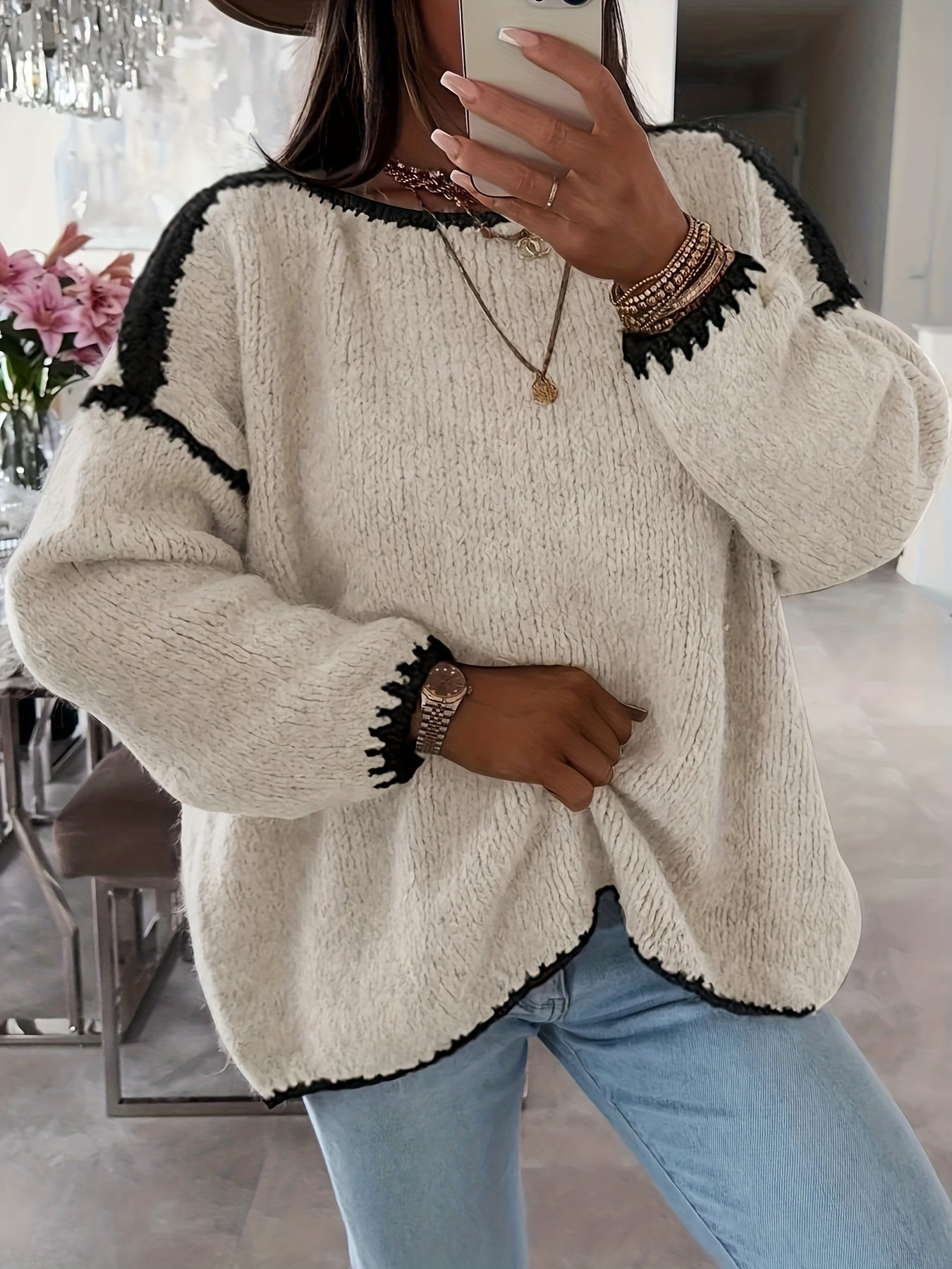 Street-Wave Loose Knit Pullover For Women Soft Cozy Comfort With Crochet Details
