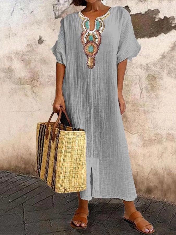 Women's Kaftan Dress Street-Wave Relaxed Fit Embroidered Neckline
