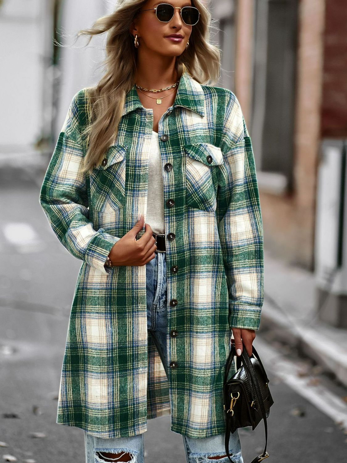 Street-Wave Plaid Longline Jacket With Pockets For Women Oversized Button-Up Coat
