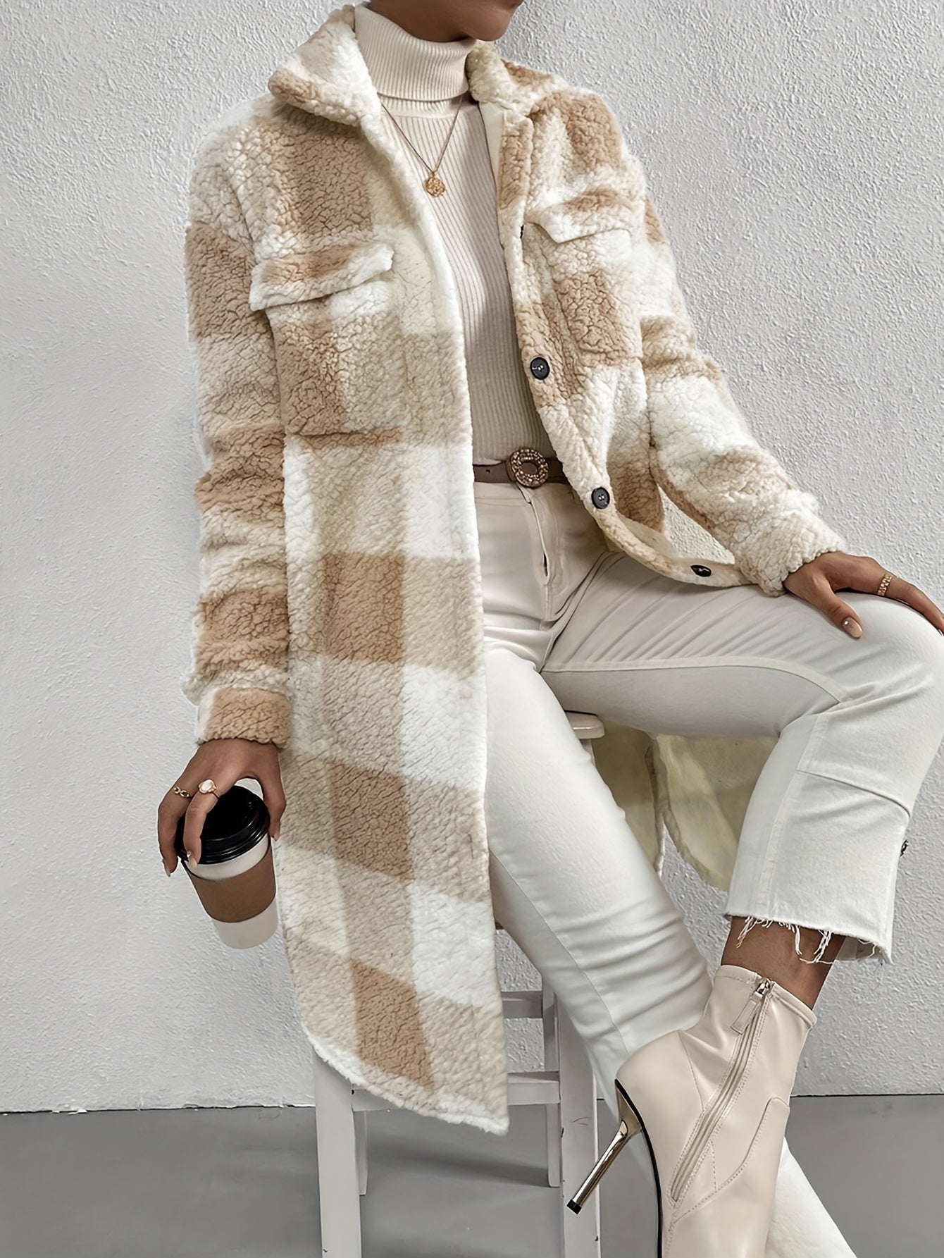 Street-wave Sherpa Jacket For Women Warm Plush Cozy Coat With Checkered Pattern Style