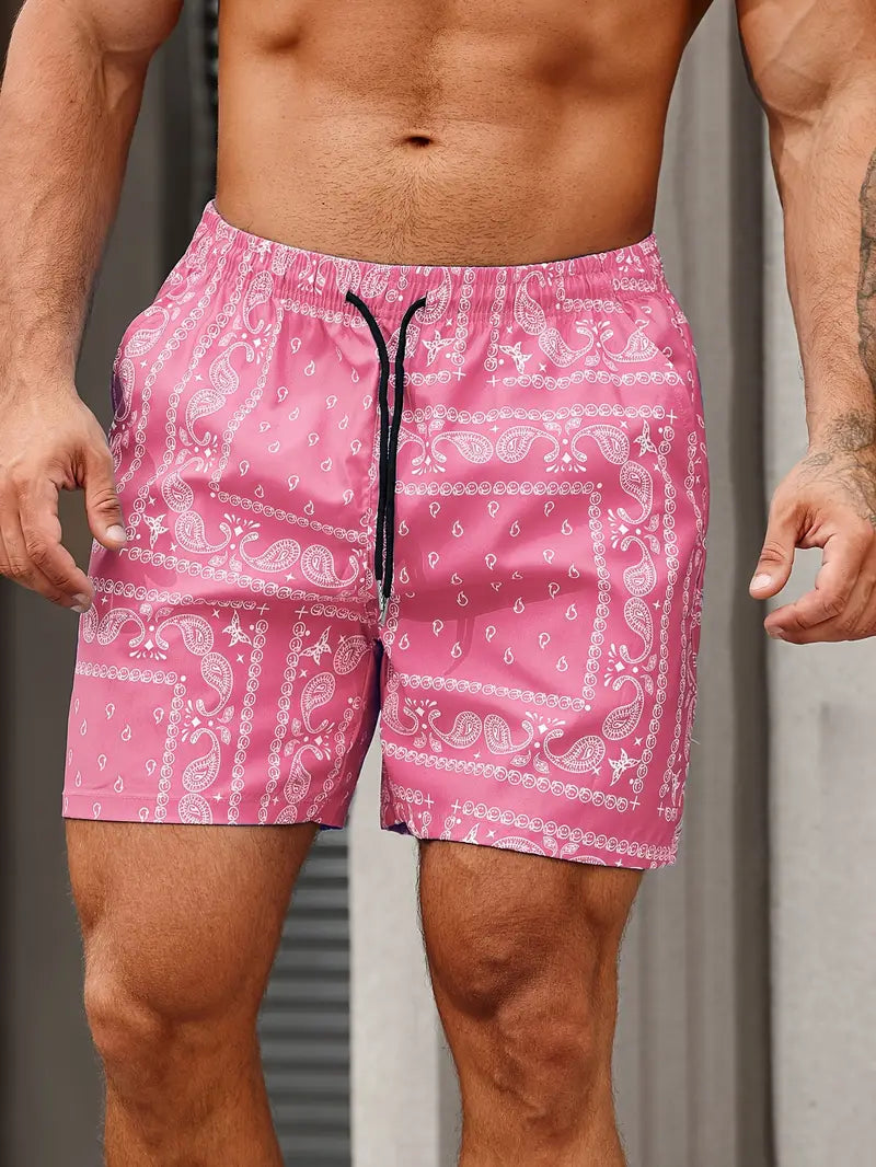 Men's Bandana Print Quick Dry Swim Shorts Mid Thigh Relaxed Fit Beach Pool Wear Essential