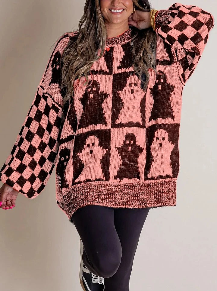 Street-Wave Cozy Pumpkin Halloween Knit Sweater For Women, Festive Orange And Black Checker Knit Pullover