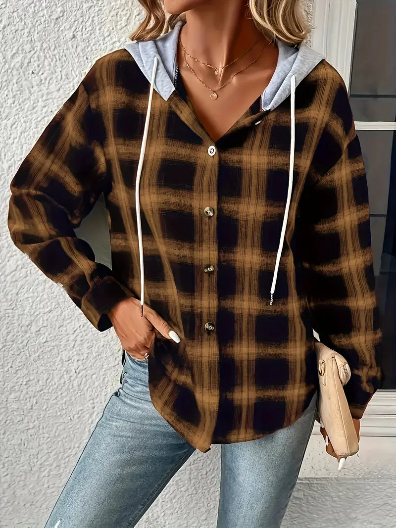 Street-wave Hooded Plaid Coat For Women Cozy Durable Outerwear With Trendy Fit And Warm Comfort