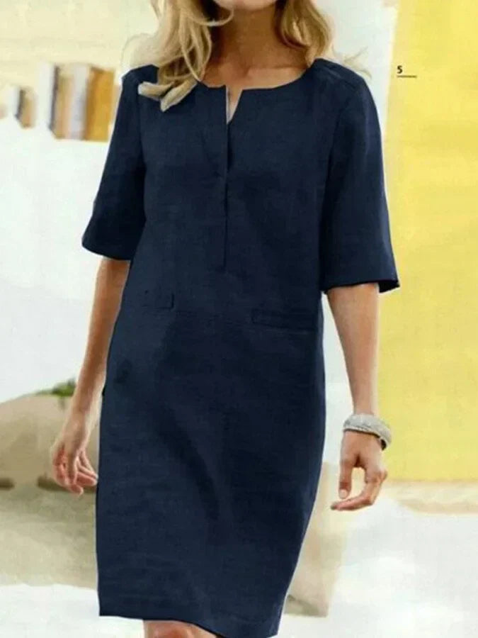 Street-wave Cotton Linen Dress for Women Breathable Short Sleeve Shift Effortless Everyday Chic