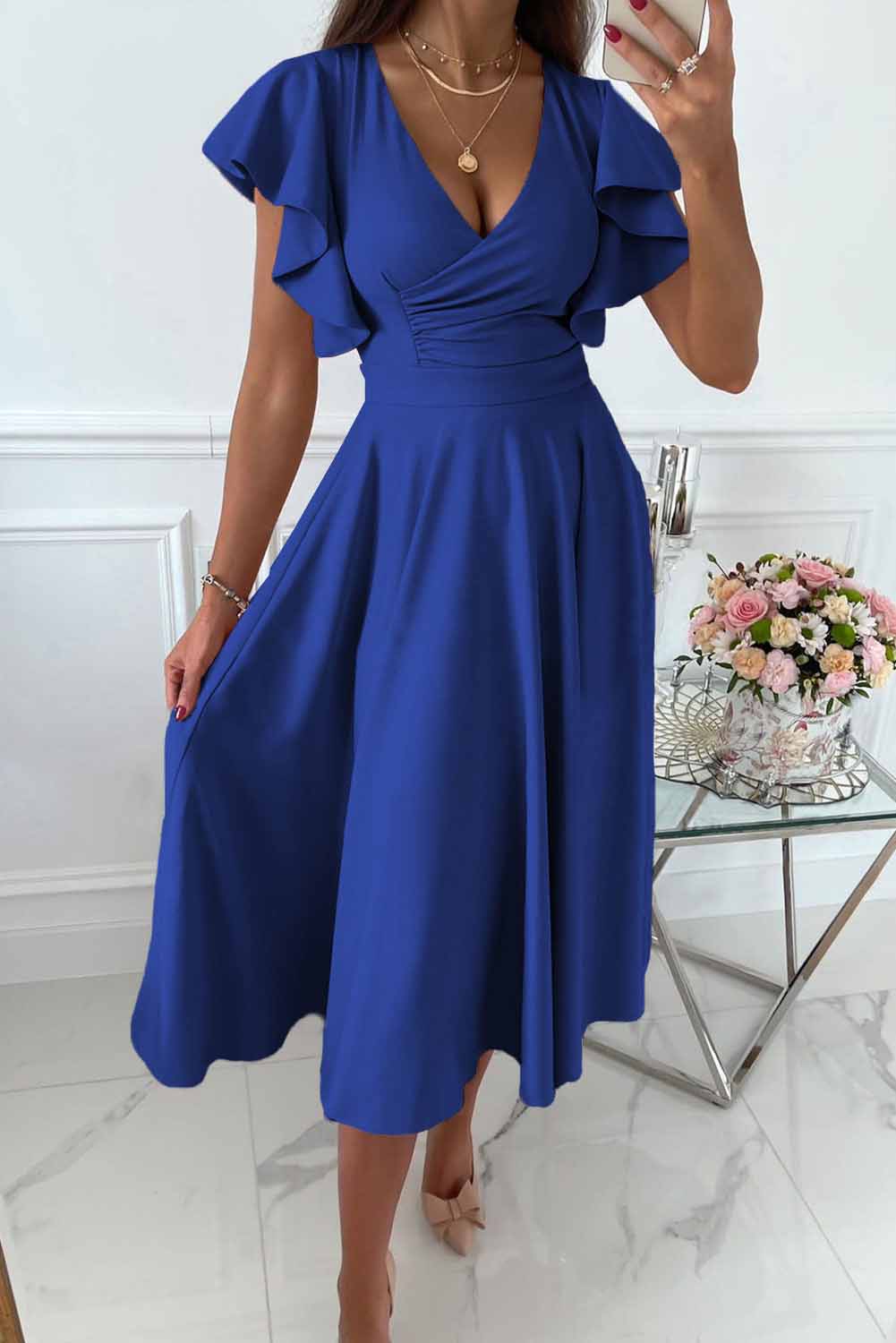 Street-Wave Women's Wrap Midi Dress With V Neck And Ruffle Sleeves
