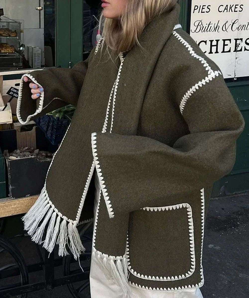 Street-wave Pompon Wool Coat For Women With Fringe Trim And Contrast Stitching For Everyday Style