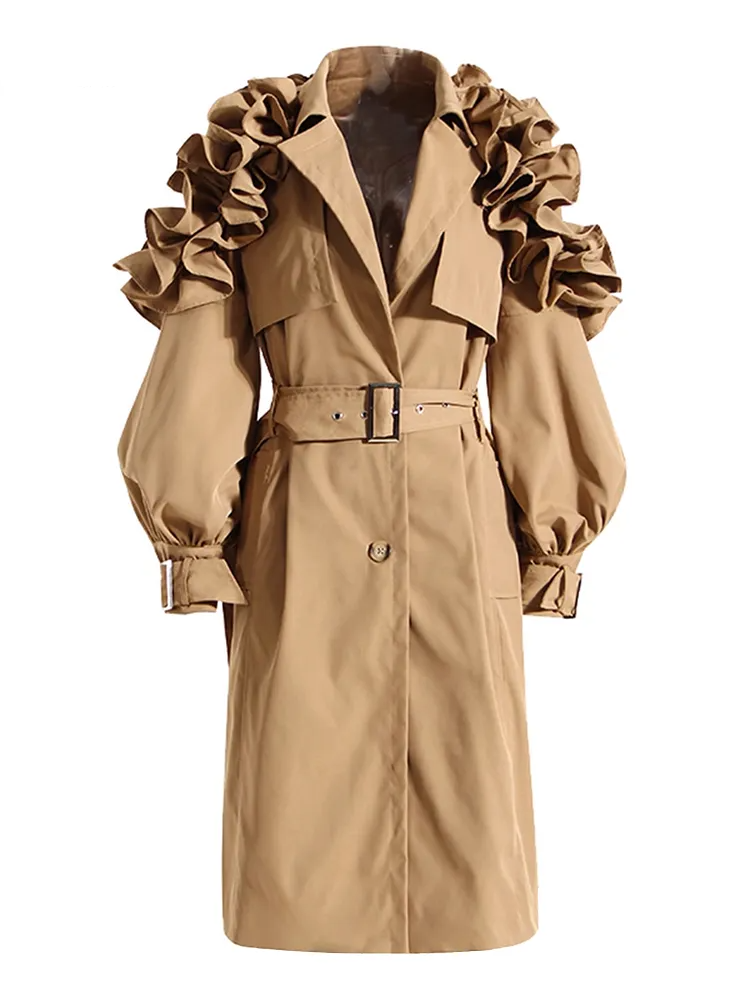 Street Wave Ruffle Sleeve Trench Coat Warm Polyester Belted For Fashion Forward Enthusiasts