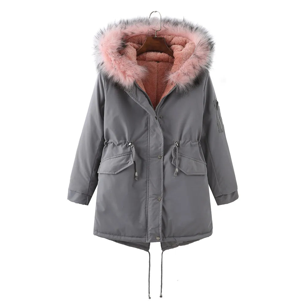 Street Wave Winter Coat With Fleece Lining And Pink Fur Trim Hood For Women Warm And Cozy