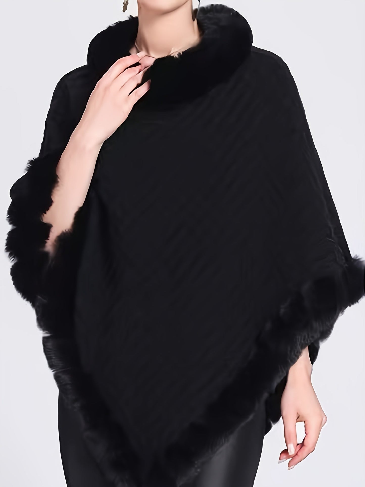 Street-wave Faux Fur Trim Poncho In Acrylic Knit With Luxurious Texture Elegant Warm Layer For Women