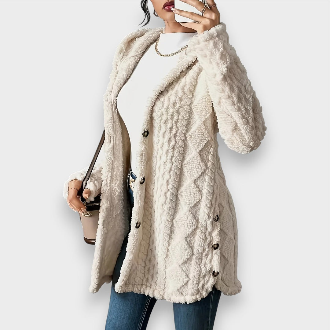 Street-Wave Plush Hoodie Cardigan For Women Ultra Soft Cozy Elegance With Refined Knit And Button Details