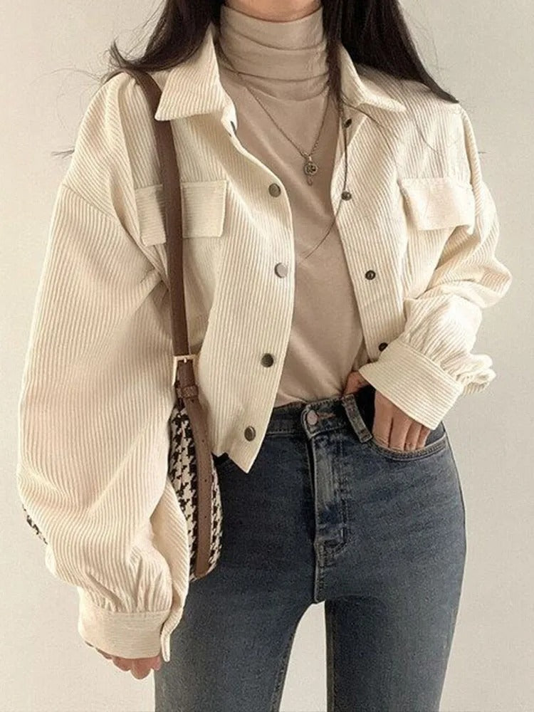 Street-wave CLEENA Women Short Corduroy Summer Jacket Versatile Soft Pink With Pockets