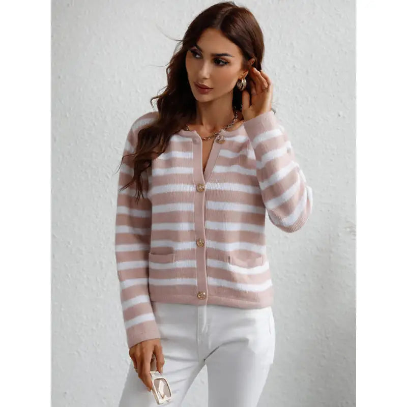 Streetwave Striped Chunky Knit Sweater For Women With Button Placket And Side Pockets Cozy Layering