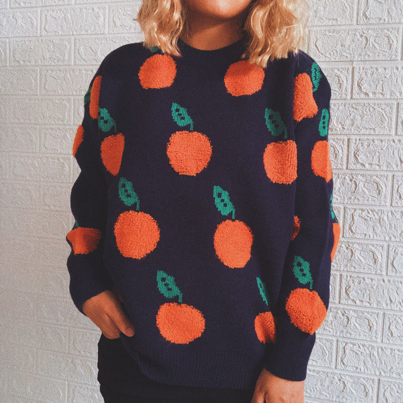 Street Wave Peach Print Knit Sweater Cozy Fit Soft Warm Everyday Wear For Women Casual Style