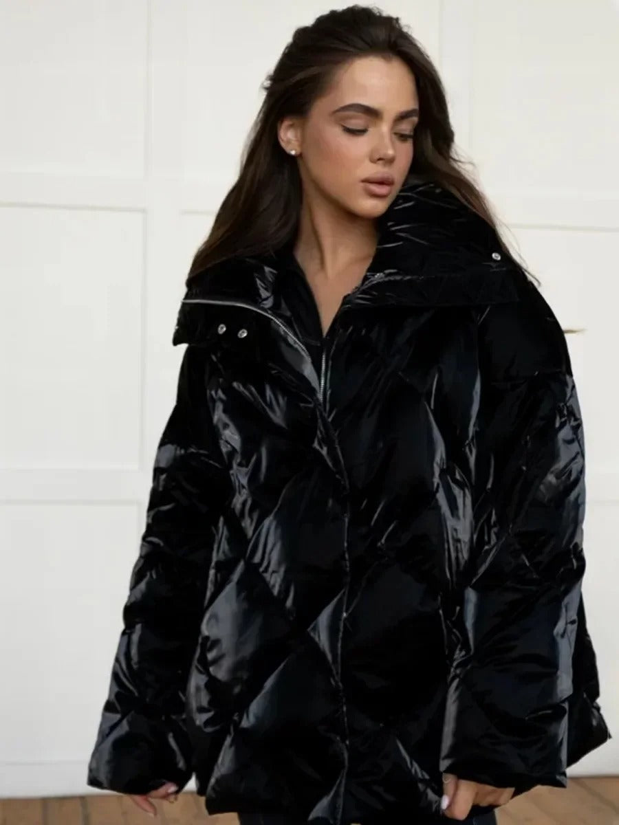 Street-wave Oversized Puffer Jacket With Zipper For Women Warm High Collar Winter Coat