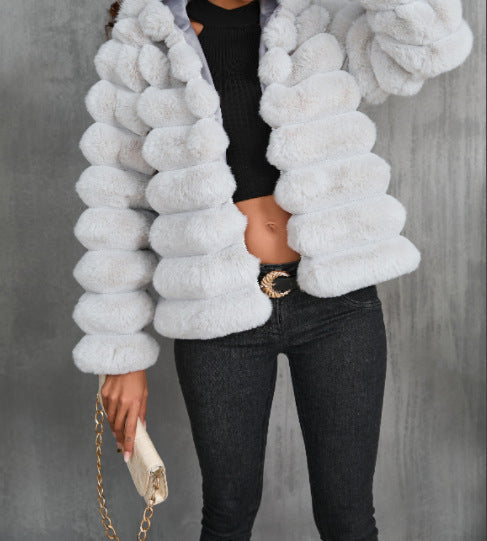 Street-Wave Women Faux Fur Coat Short Puffer With Plush Striped Panels Chic Warm Winter Jacket