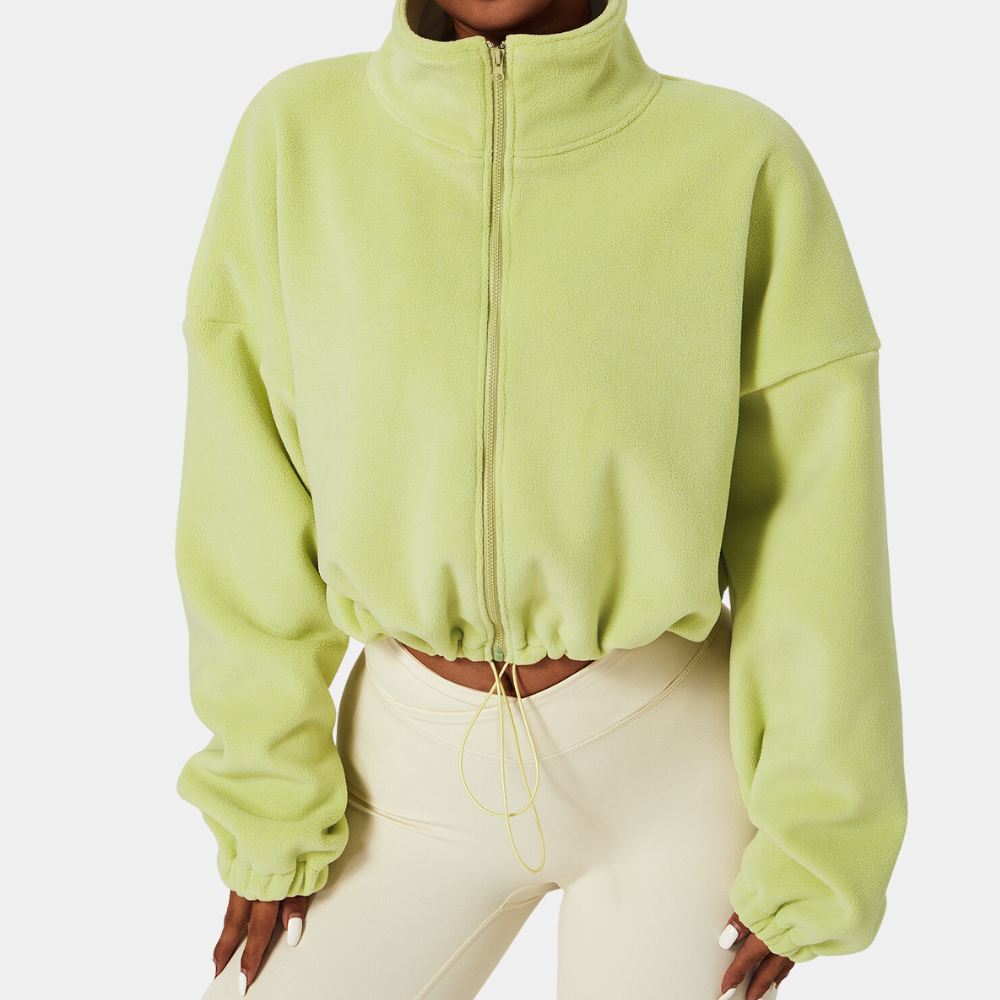 Street Wave Cropped Winter Jacket For Women Warm Cozy Fleece Zip Front Drawstring Hem
