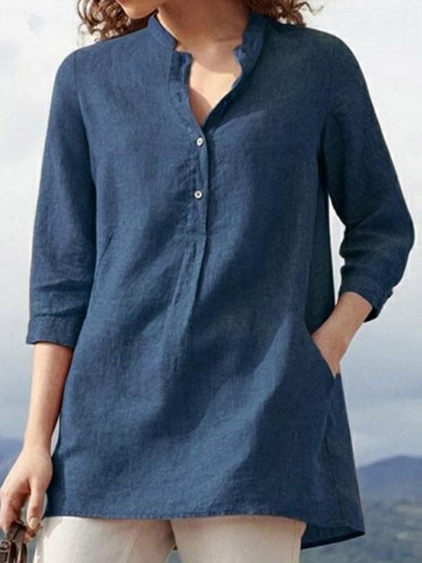 Street Wave Women Long Sleeve Button Front Tunic Linen Comfort Versatile Everyday Wear