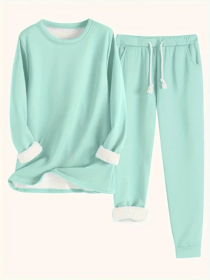 Leyliana Warm Sherpa Fleece Thermal Set For Women Cozy Winter Two Piece Loungewear