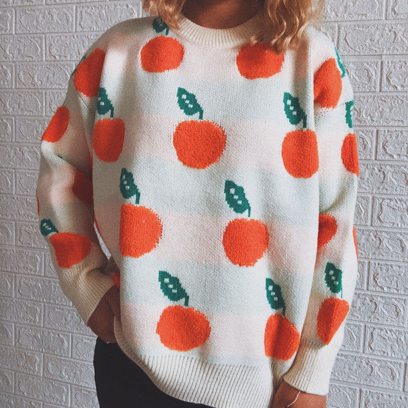 Street Wave Peach Print Knit Sweater Cozy Fit Soft Warm Everyday Wear For Women Casual Style