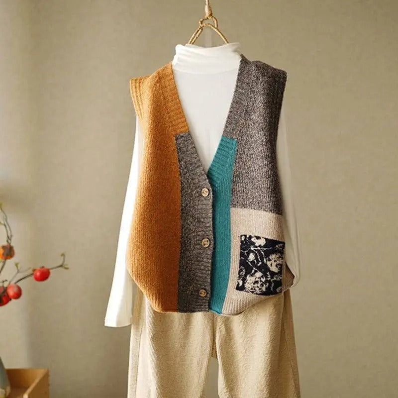 Street-Wave Patchwork Vest For Women - Bold Block Color Design With Cozy Knit Texture
