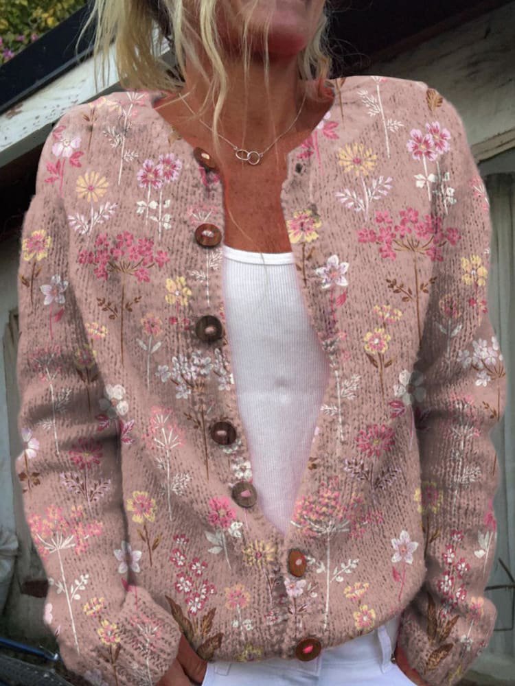 Street-Wave Cozy Knitted Cardigan For Women With Button Front Floral Design Pattern