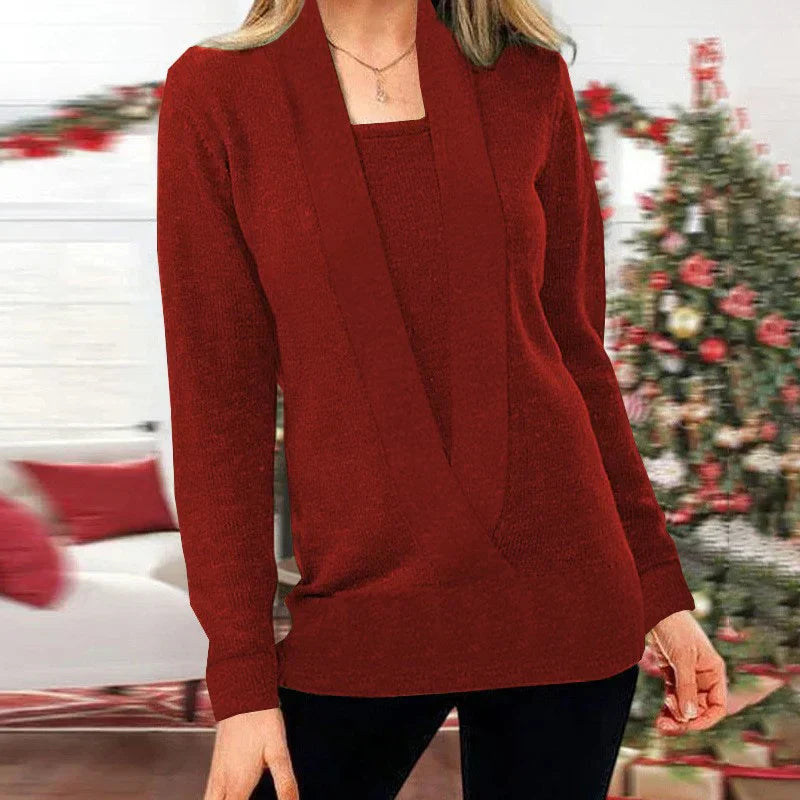 Street-Wave V-Neck Knit Sweater With Layered Two-Piece Look For Women Cozy Chic Wardrobe Essential