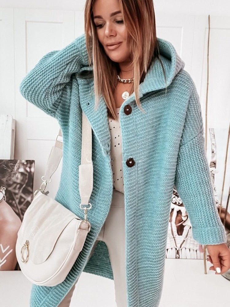 Nordisk Flair Women Knit Wool Hooded Cardigan Relaxed Fit Single Button