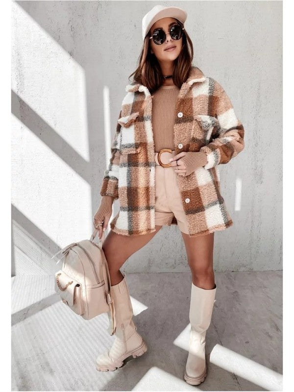 Street-Wave Teddy Jacket For Women Cozy Plush Sherpa Lined Checkered Outerwear Chic And Warm