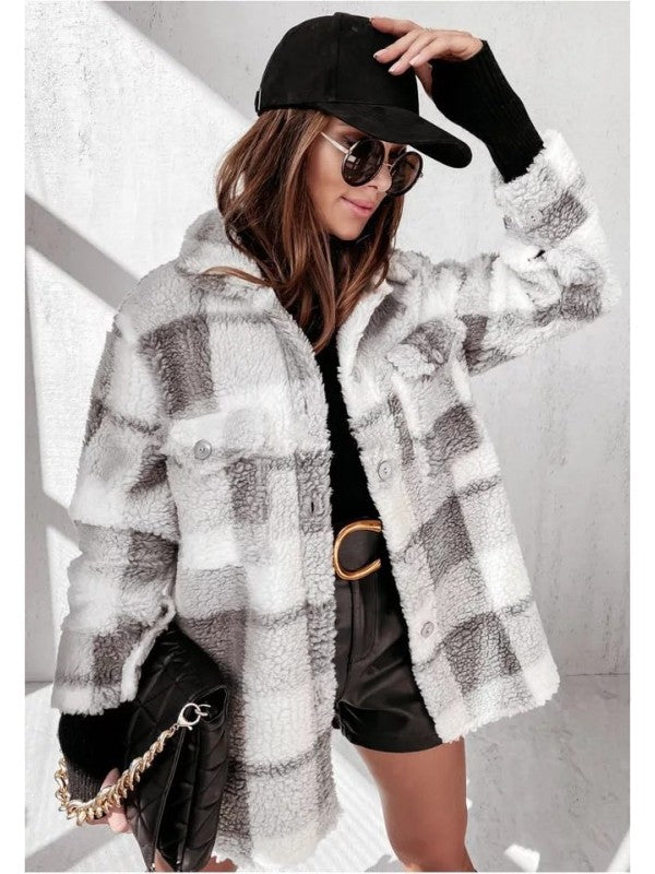 Street-Wave Teddy Jacket For Women Cozy Plush Sherpa Lined Checkered Outerwear Chic And Warm