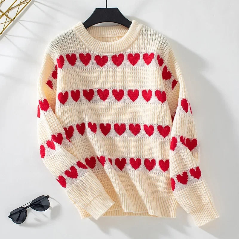 Street-wave Womens Knit Pullover Heart Pattern Cozy Warm Winter Sweater For Everyday Style