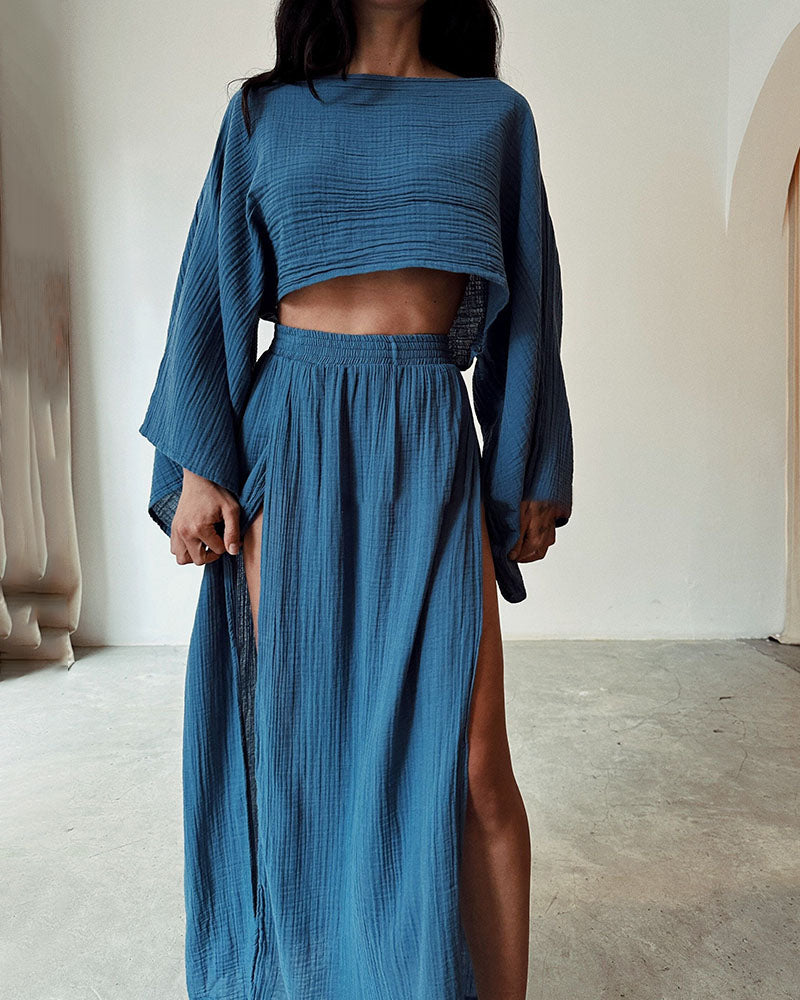 Gauze Breathable Two Piece Set Top Wide Sleeves High Slit Maxi Street Wave Women