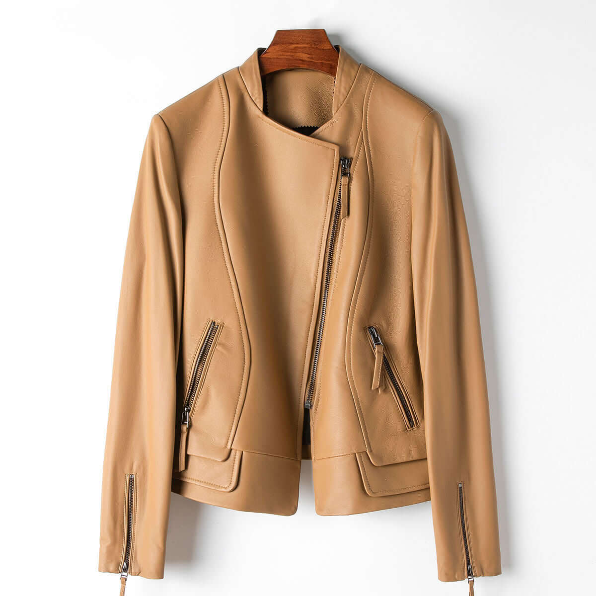 Street-wave Women Leather Jacket Classic Modern Style Premium Tan Leather Outerwear For Women