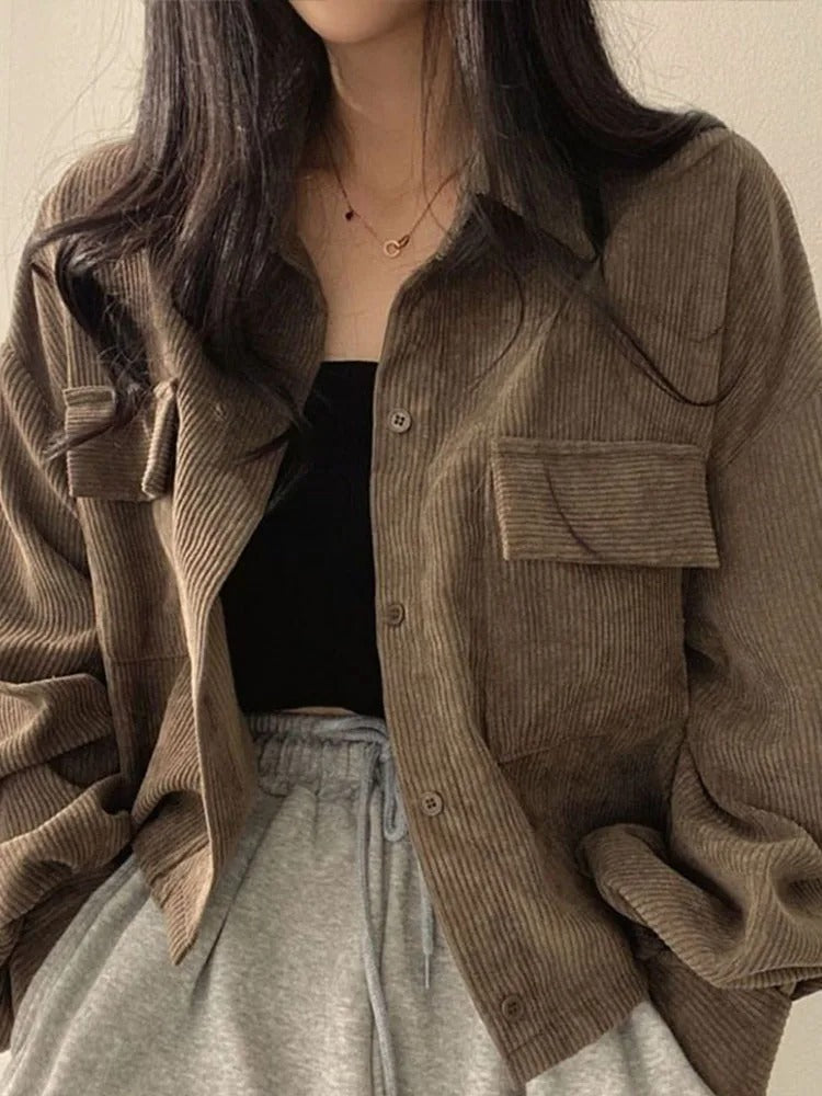 Street-wave CLEENA Women Short Corduroy Summer Jacket Versatile Soft Pink With Pockets