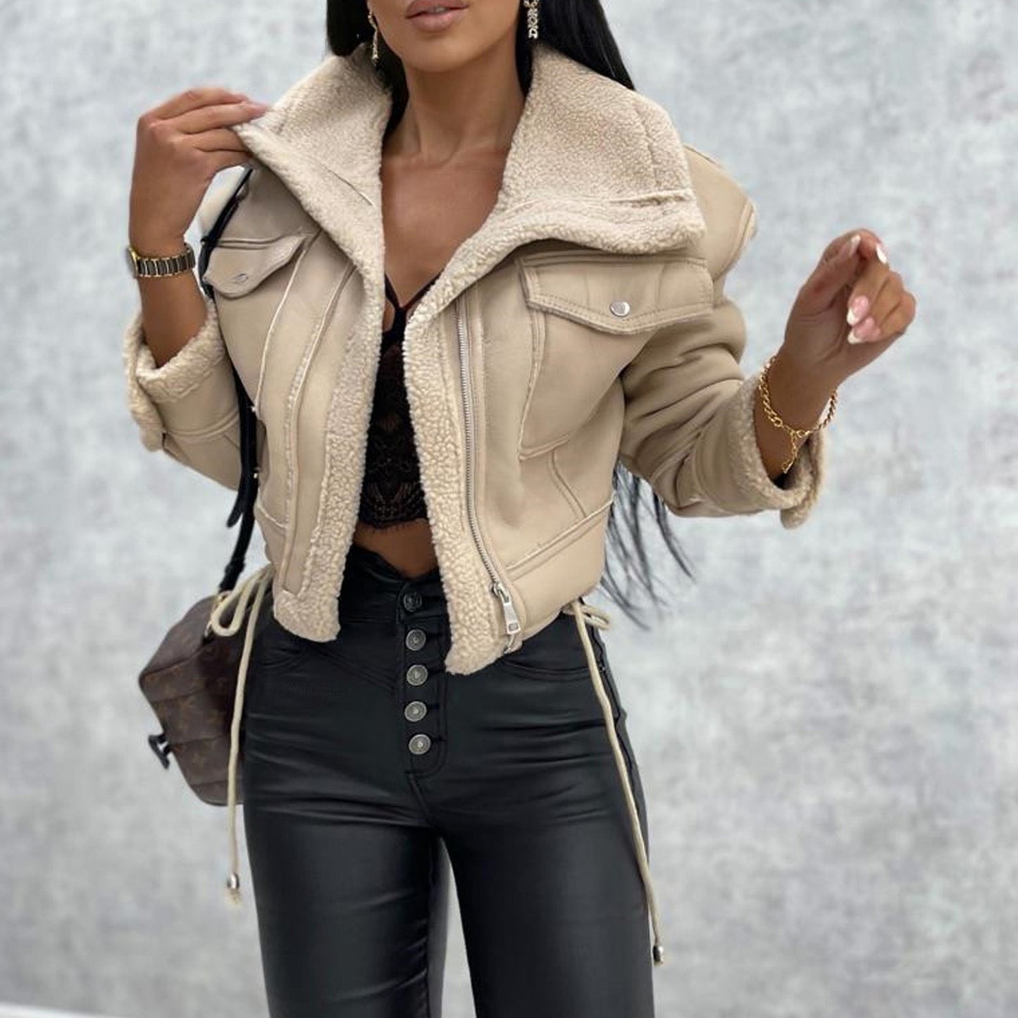 Street Wave Winter Jacket Black Shearling Lined For Women Cozy Chic Outerwear For Cold Weather