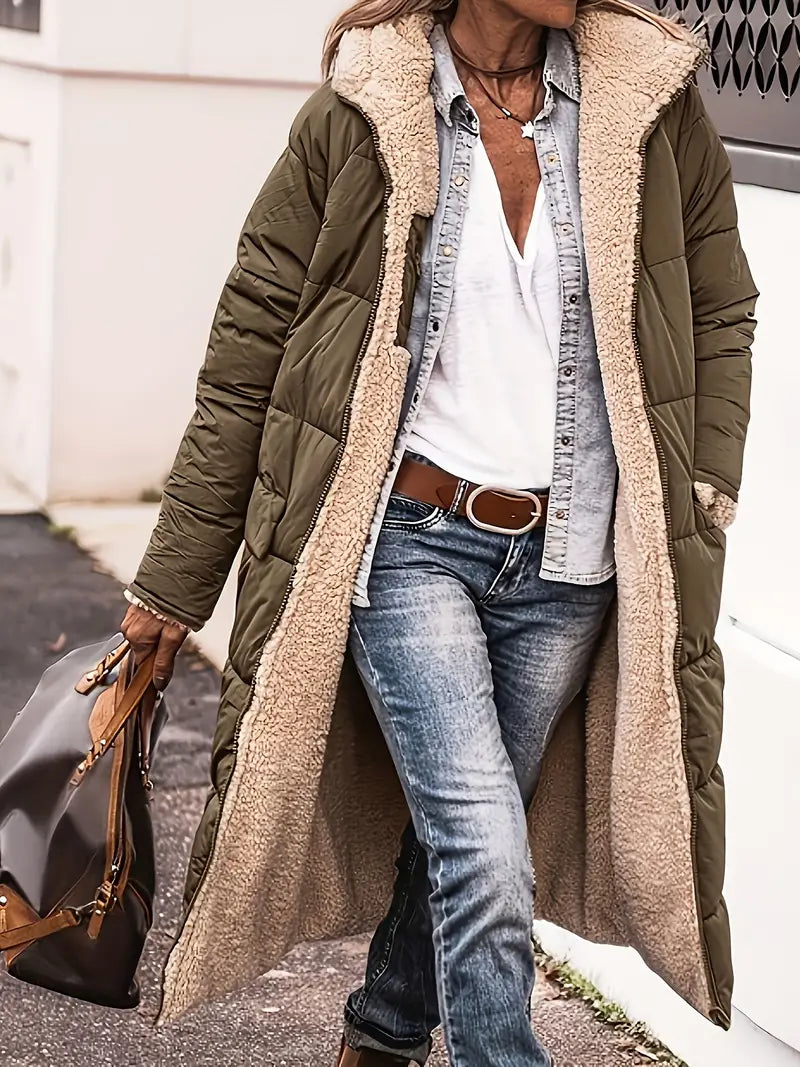 Street-Wave Reversible Hooded Jacket Knee-Length For Women Cozy Warmth Versatile Outerwear