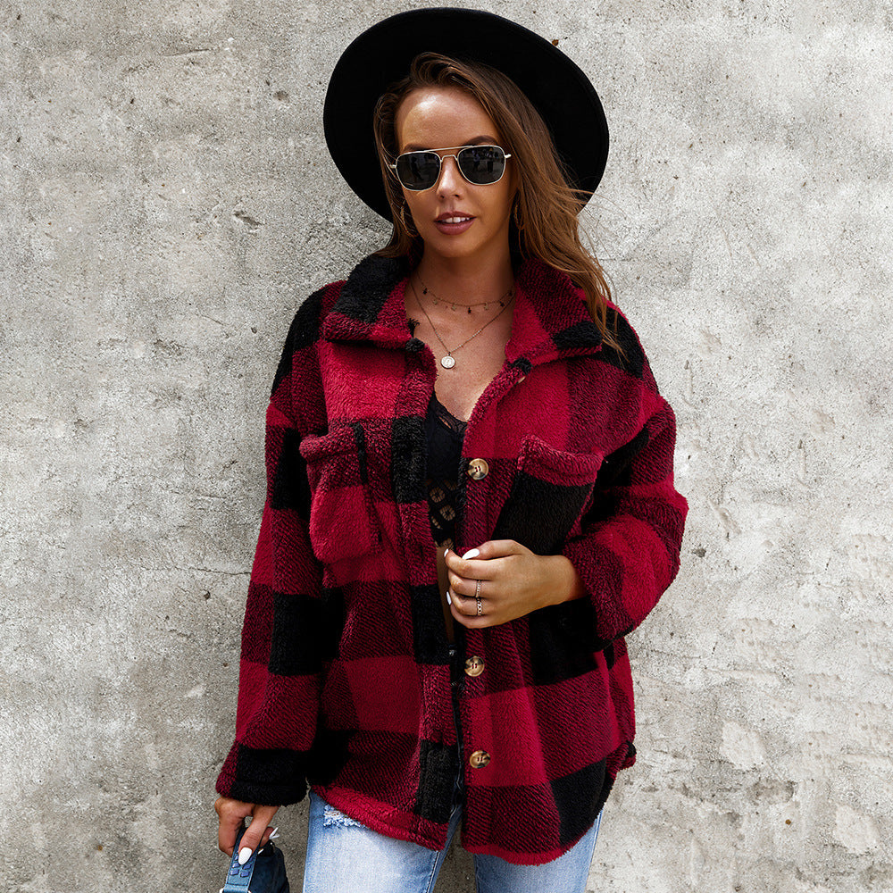 Street-wave Plaid Sweater Coat With Plush Faux Fur For Bold Fashion Lovers Women