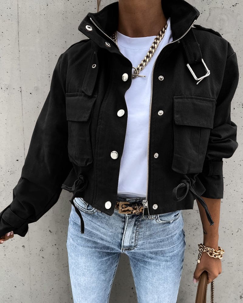 Street-wave Cropped Transitional Jacket For Women With Pockets Adjustable Hem Fashionable