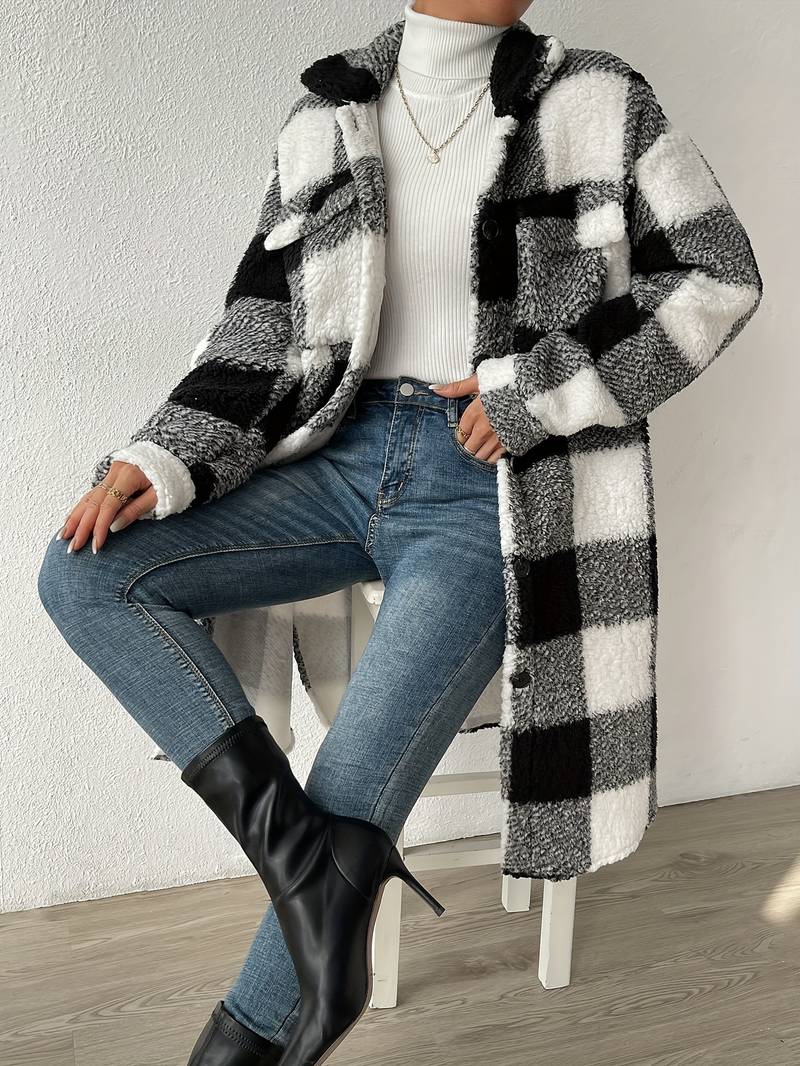 Street Wave Plush Checkered Sherpa Coat For Women Cozy Elegant Longline Outerwear