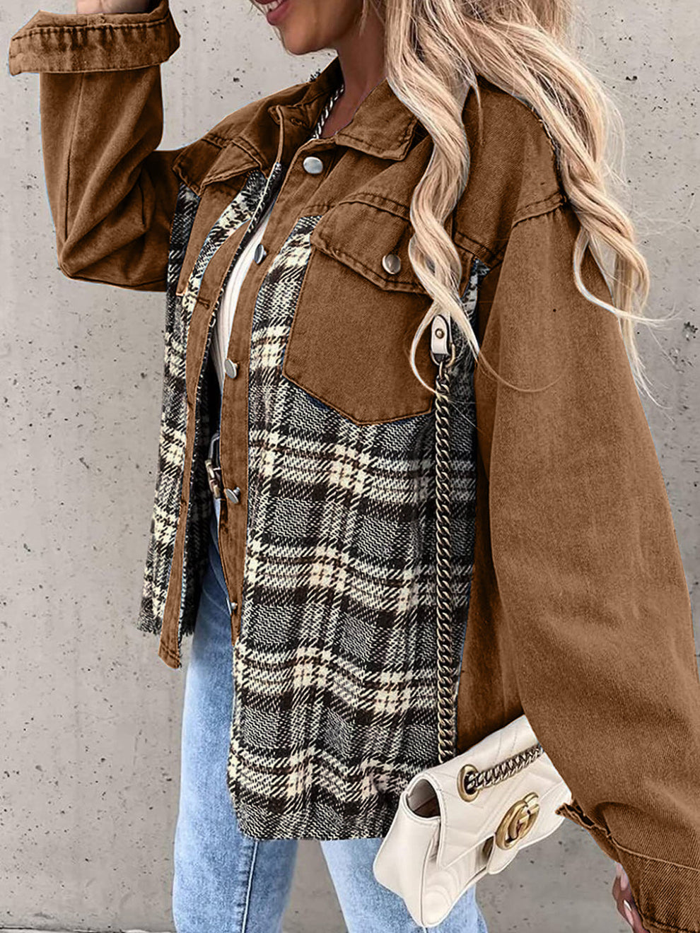 Street-wave Vintage Flannel Jacket For Women Cozy Warmth With Plaid Panel And Durable Style