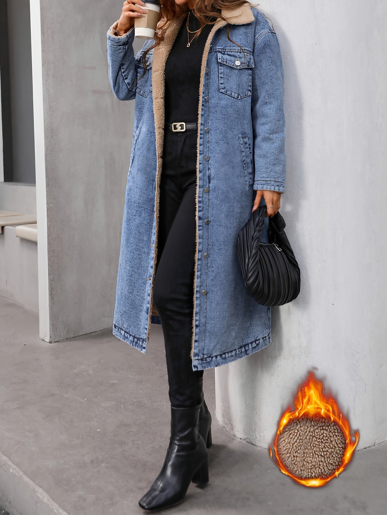 Street-Wave Sherpa-Lined Denim Jacket Women Warm Longline With Cozy Fleece Inside