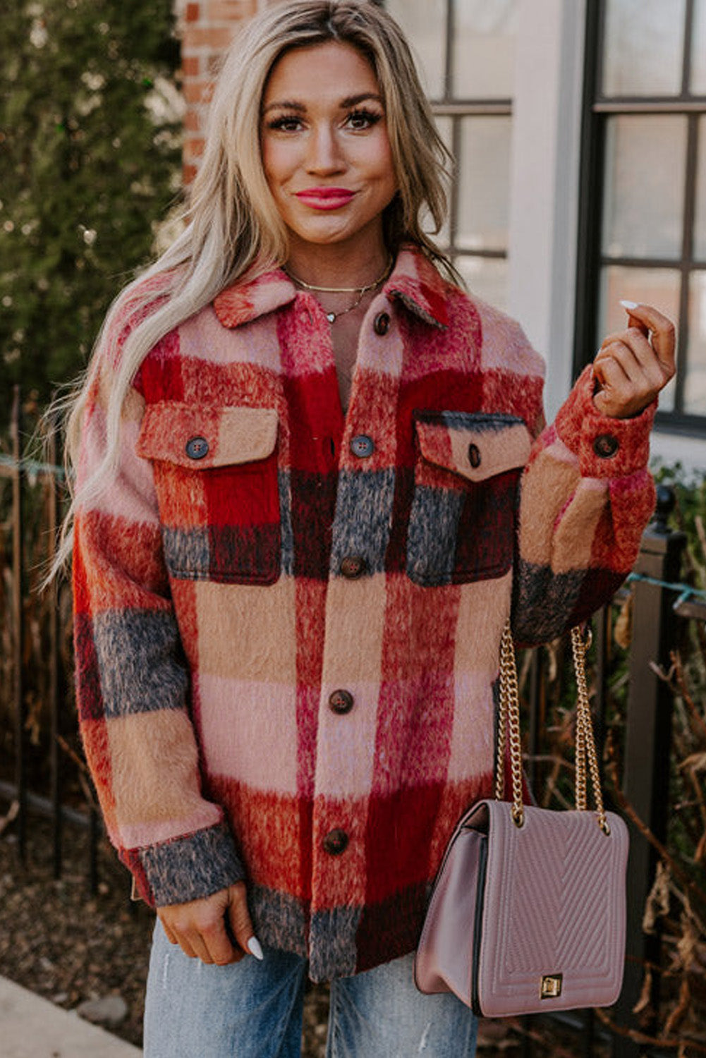 Street-wave Womens Oversized Plaid Jacket Versatile Orange With Button Front And Flap Pockets