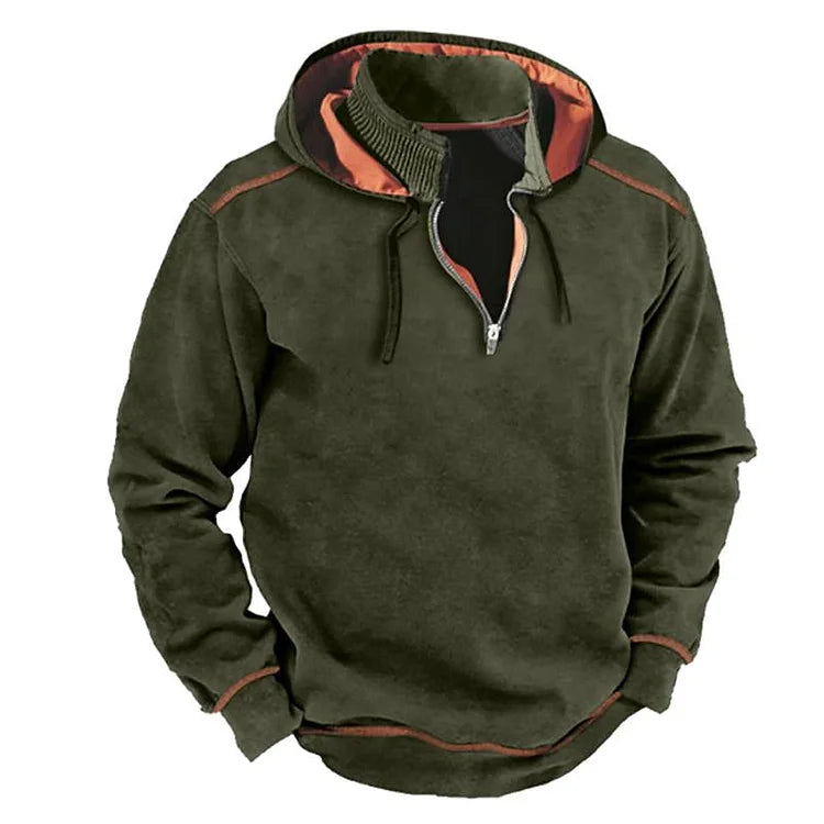 Street-Wave Men's Hooded Sweatshirt Relaxed Fit Half Zip Cotton Blend Ribbed Collar For Casual Everyday Wear