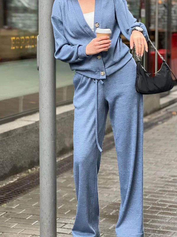 Street-wave V-Neck Knit Set For Women Ultra Cozy Comfortable All-Day Loungewear With Relaxed Fit