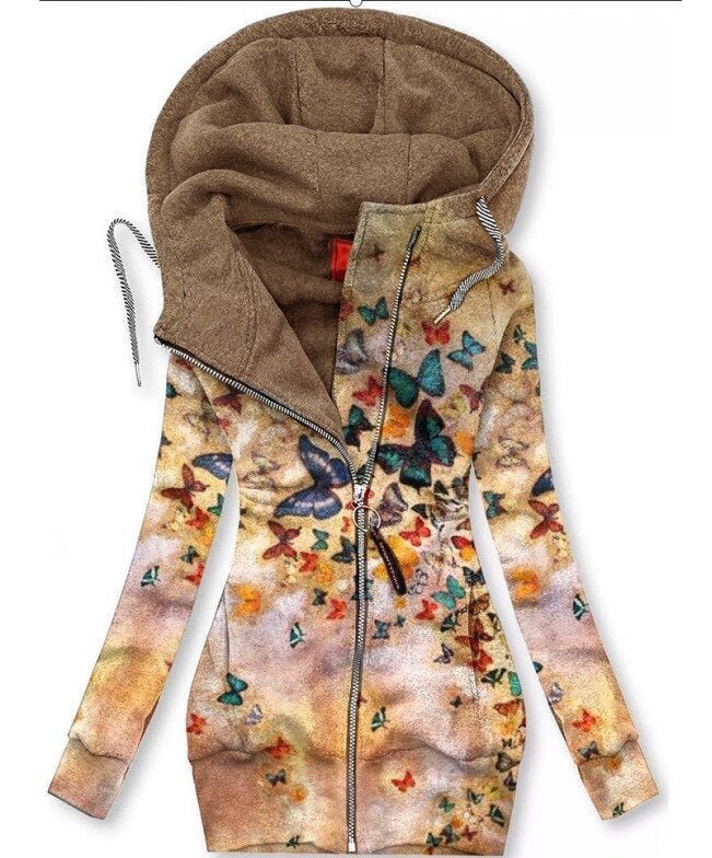 Street-wave Women's Butterfly Print Hoodie Jacket For Winter Cozy Warmth Effortless Style
