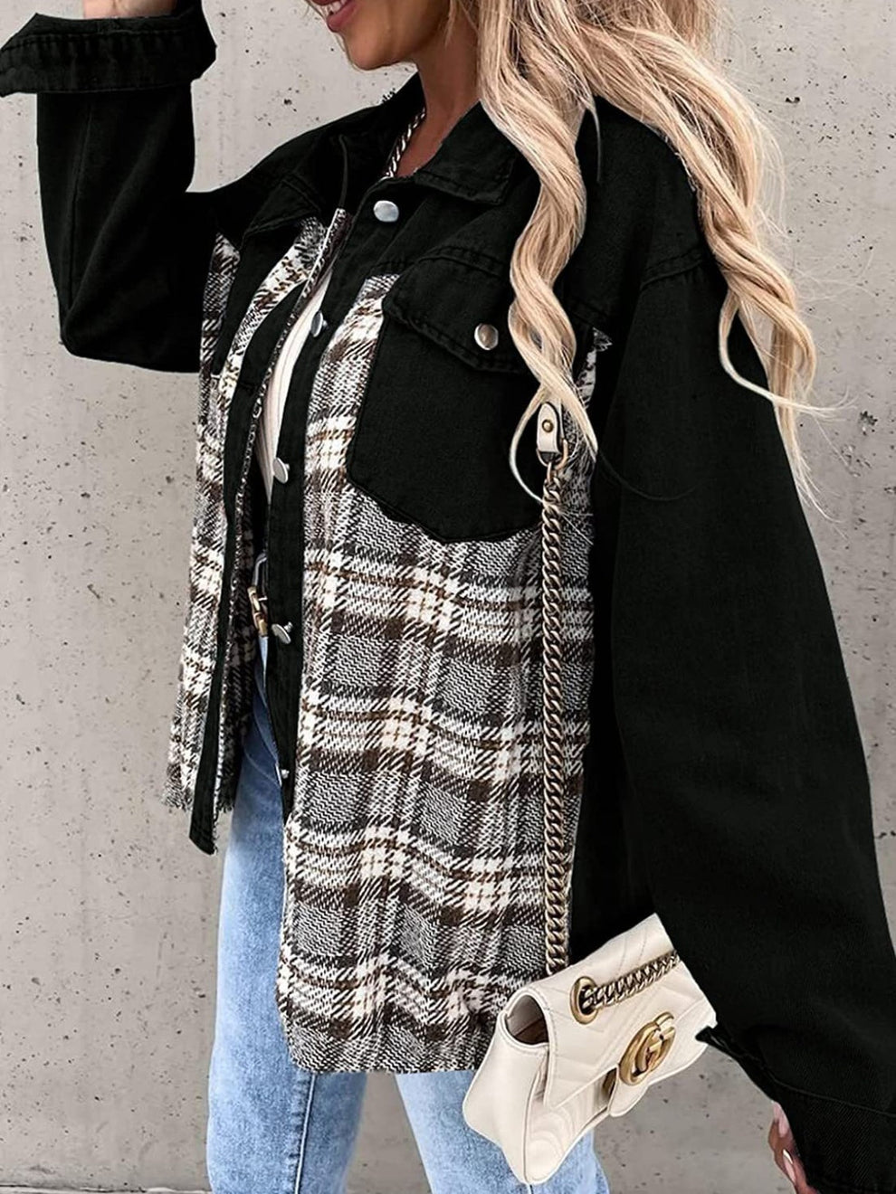 Street-wave Vintage Flannel Jacket For Women Cozy Warmth With Plaid Panel And Durable Style