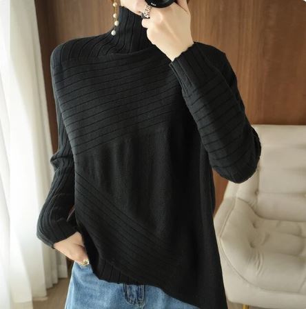 Street-Wave Cozy Asymmetric Ribbed Turtleneck Sweater For Women With Soft Warmth