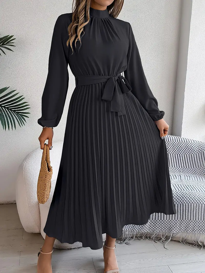Street-wave Timeless Elegant Pleated Belt Maxi Dress With Stand Collar For Women