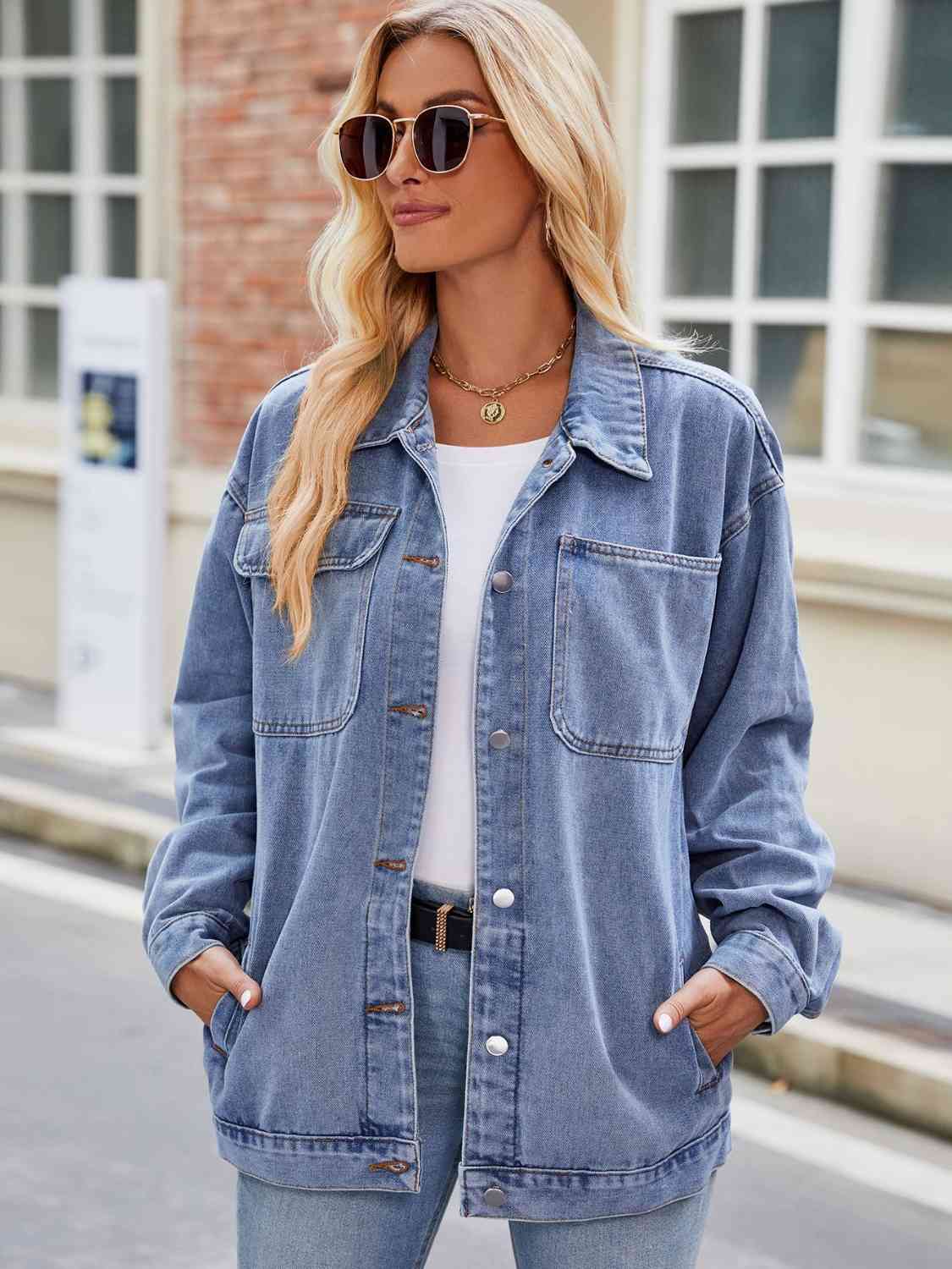 Street-Wave Button Down Denim Jacket With Pockets For Women Classic Non Stretch Wardrobe Essential